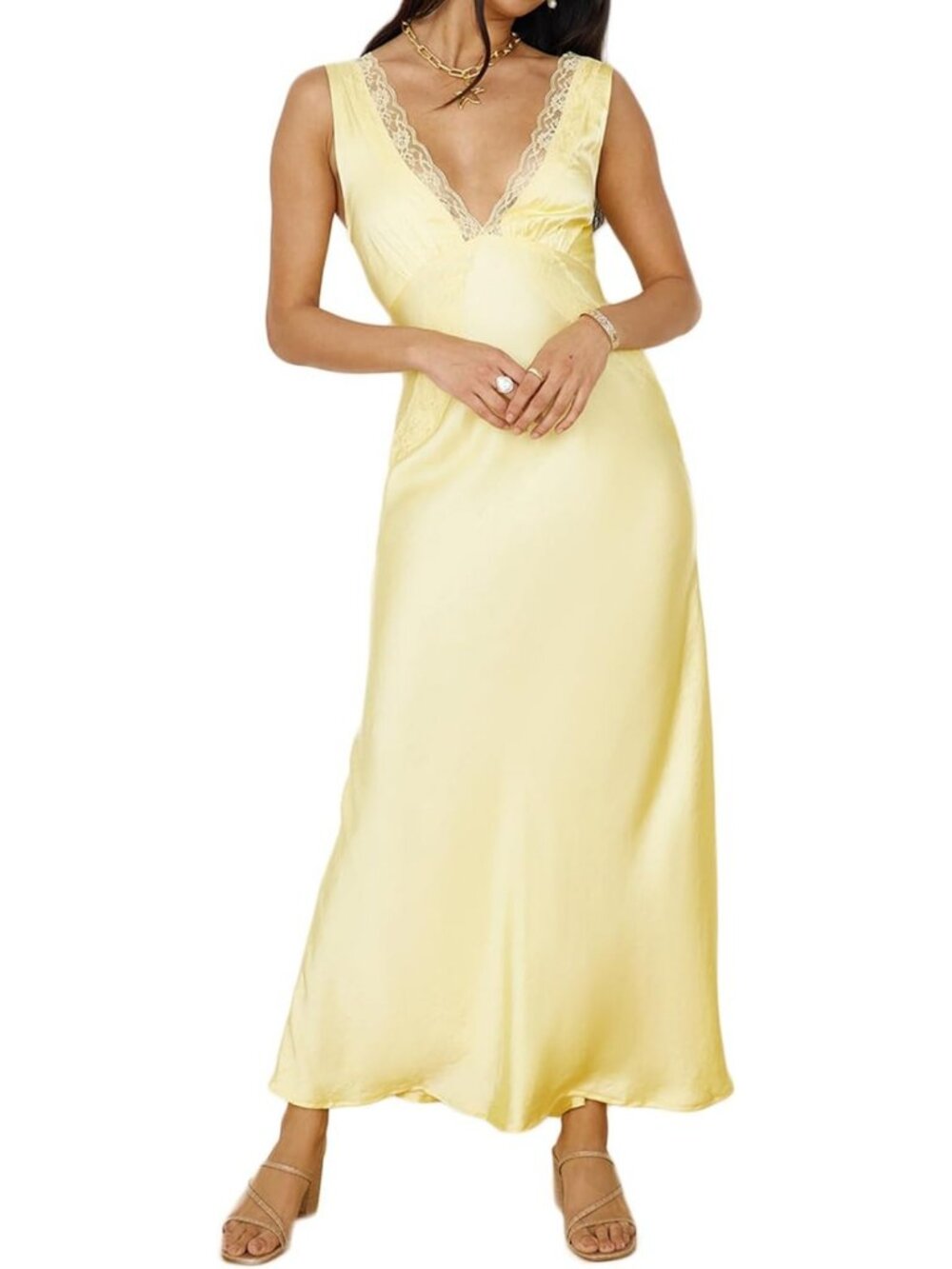 Elegant Summer Satin Lace V-Neck Backless Maxi Dress for Wedding Guests